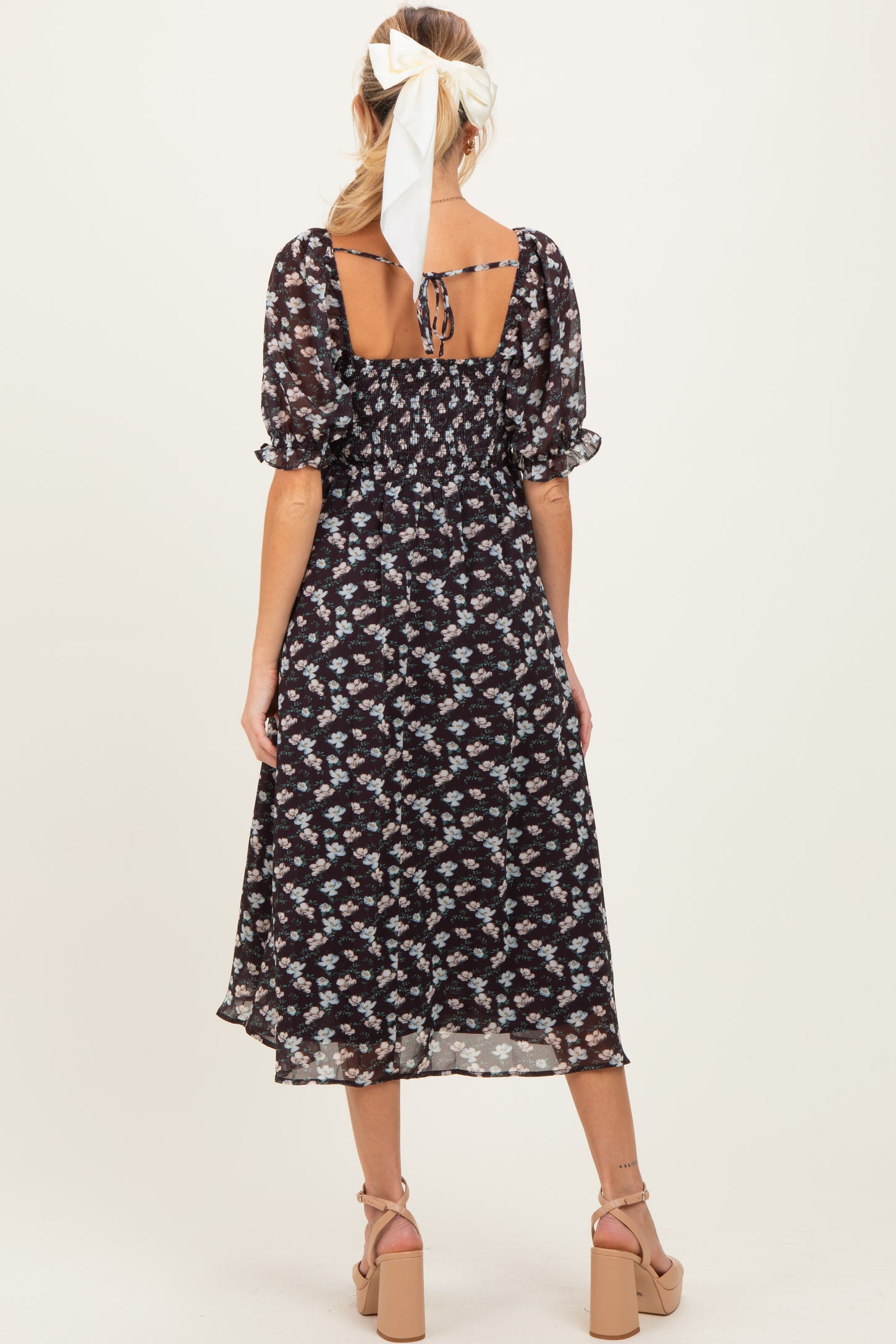 Brown Floral Smocked Puff Sleeve Maternity Midi Dress