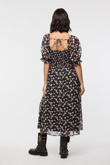 Brown Floral Smocked Puff Sleeve Midi Dress