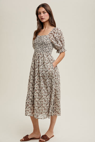 Cream Floral Smocked Puff Sleeve Midi Dress