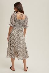 Cream Floral Smocked Puff Sleeve Midi Dress