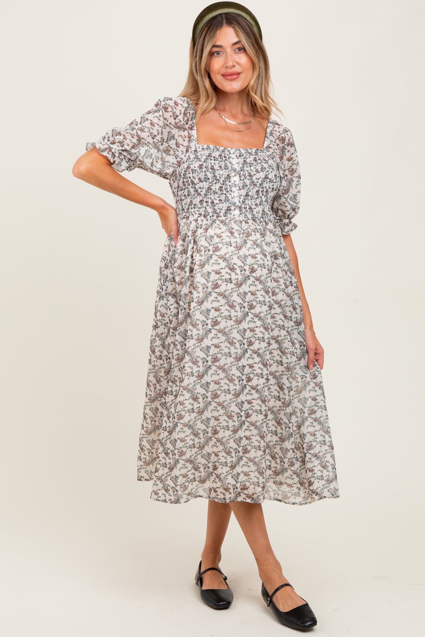 Cream Floral Smocked Puff Sleeve Maternity Midi Dress