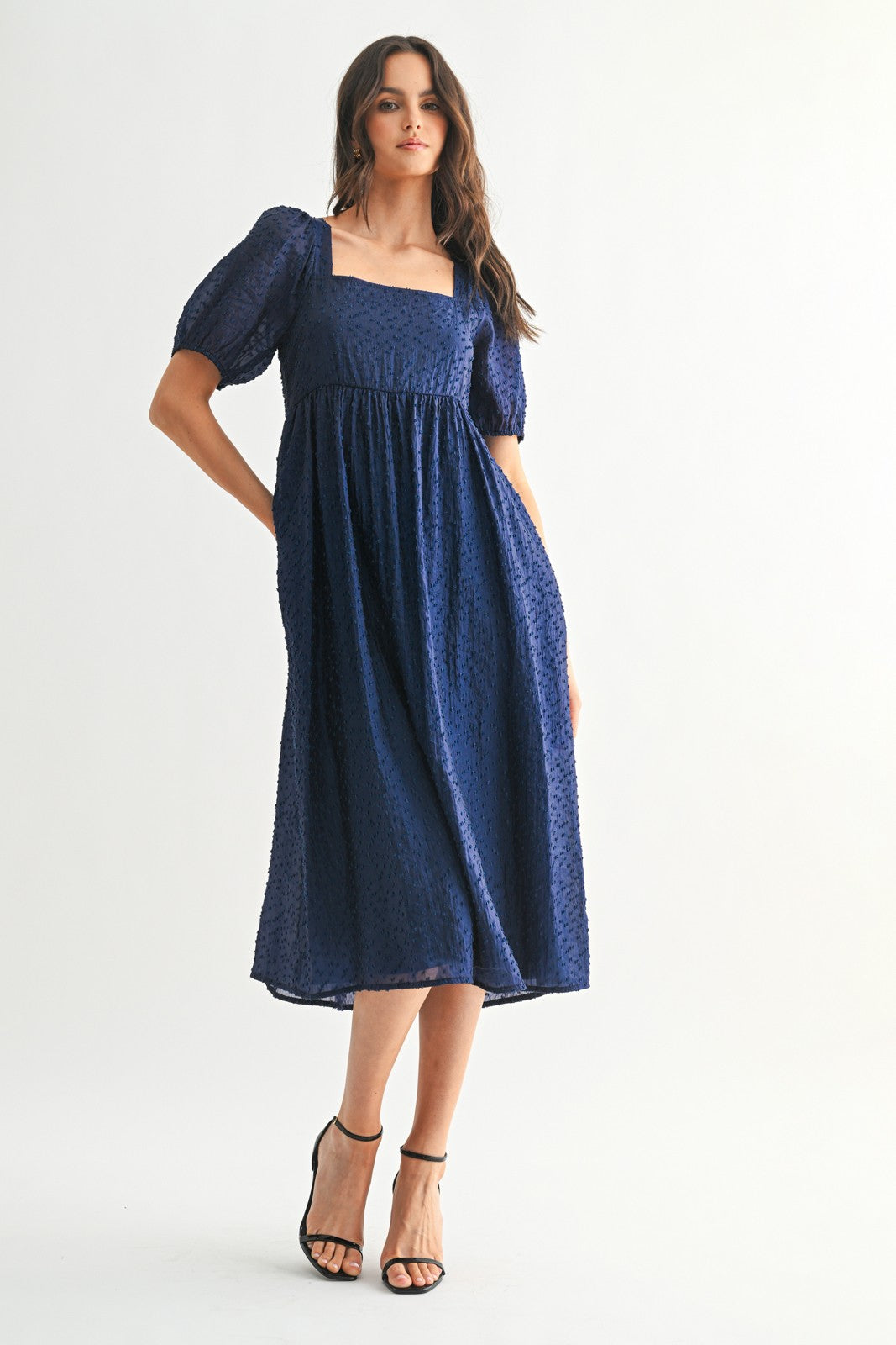 Navy Swiss Dot Puff Sleeve Midi Dress