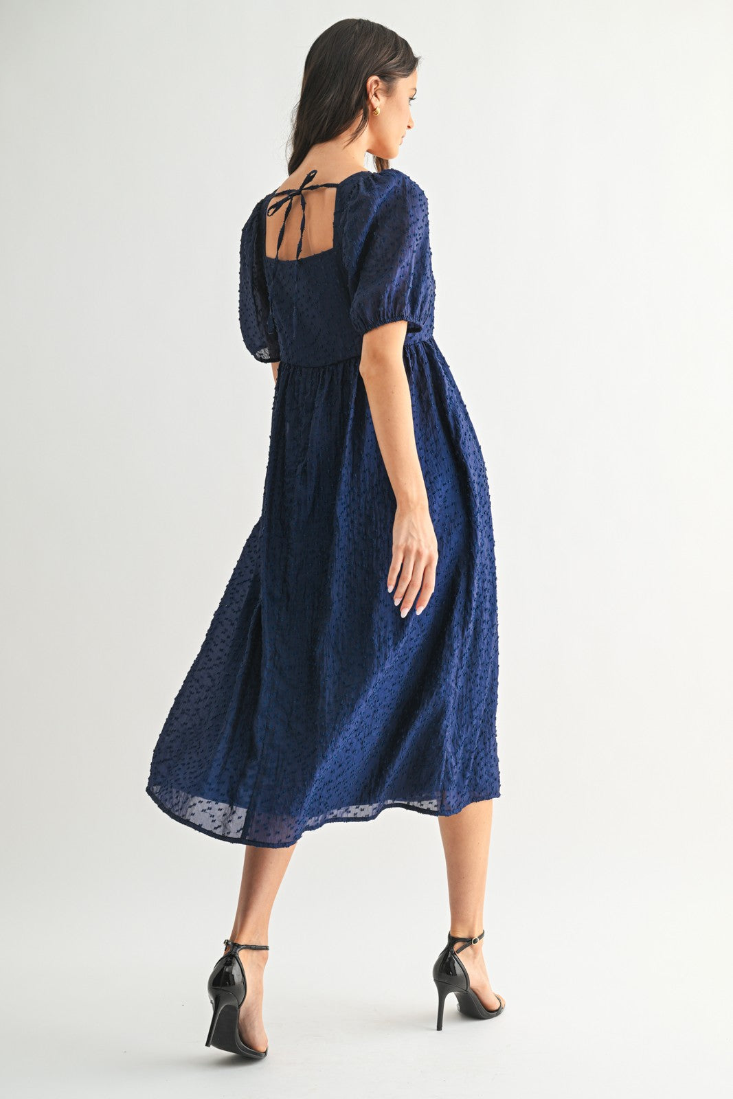 Navy Swiss Dot Puff Sleeve Midi Dress