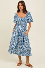 Light Navy Leaf Print Smocked Maternity Midi Dress