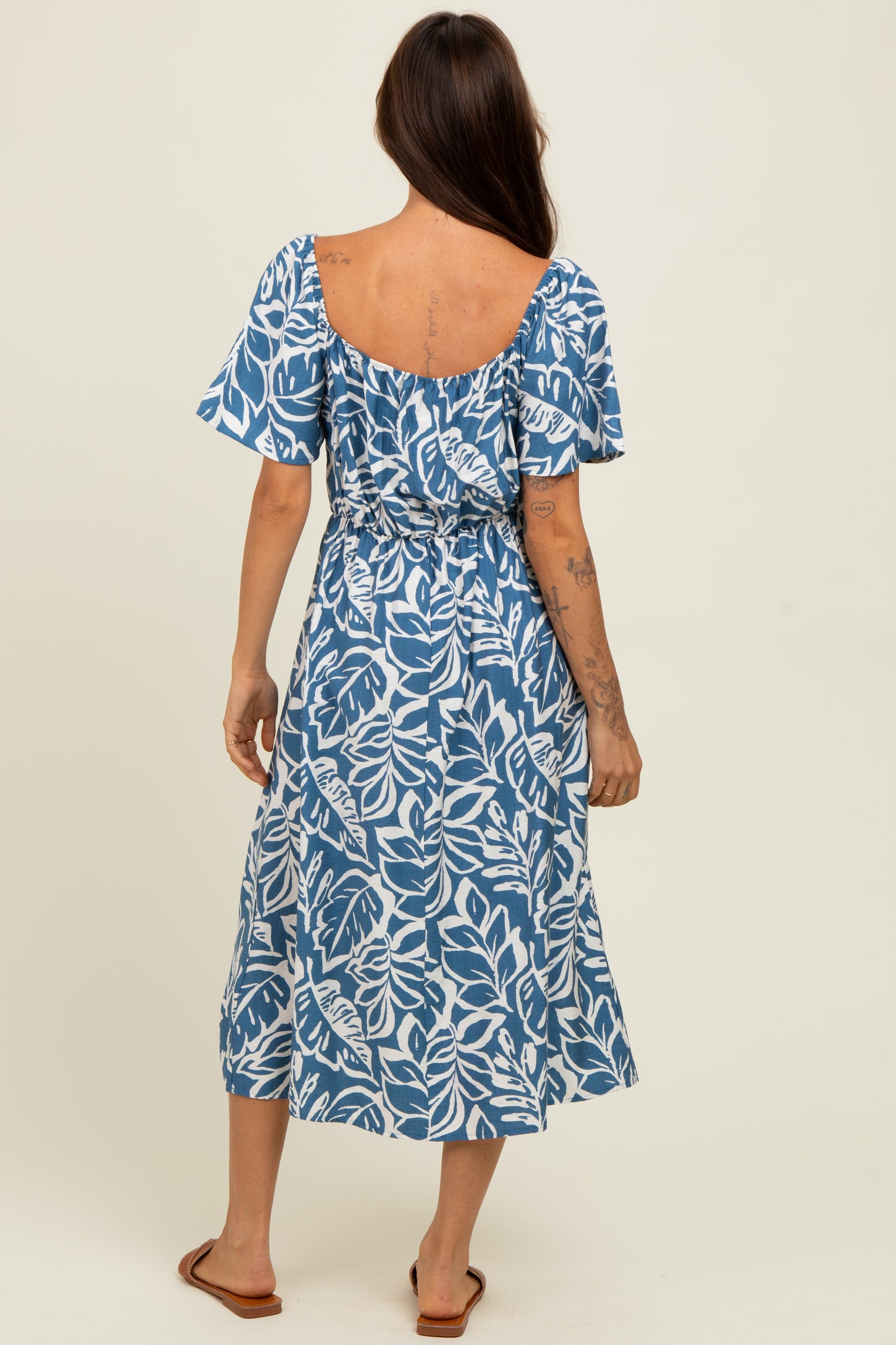 Light Navy Leaf Print Maternity Midi Dress