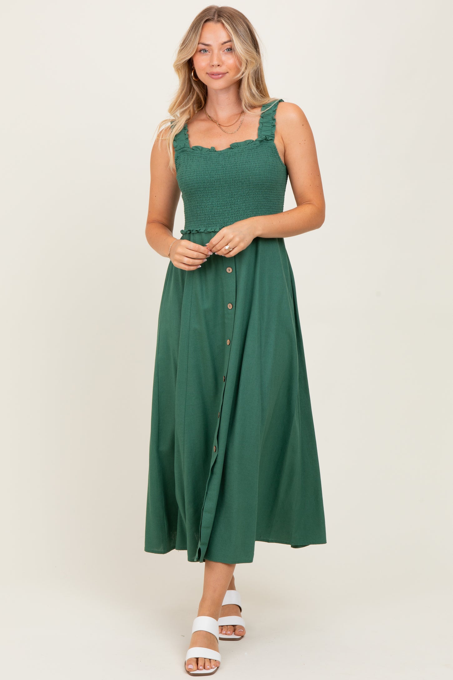 Green Smocked Sleeveless Button Down Maternity Midi Dress