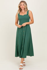 Green Smocked Sleeveless Button Down Maternity Midi Dress