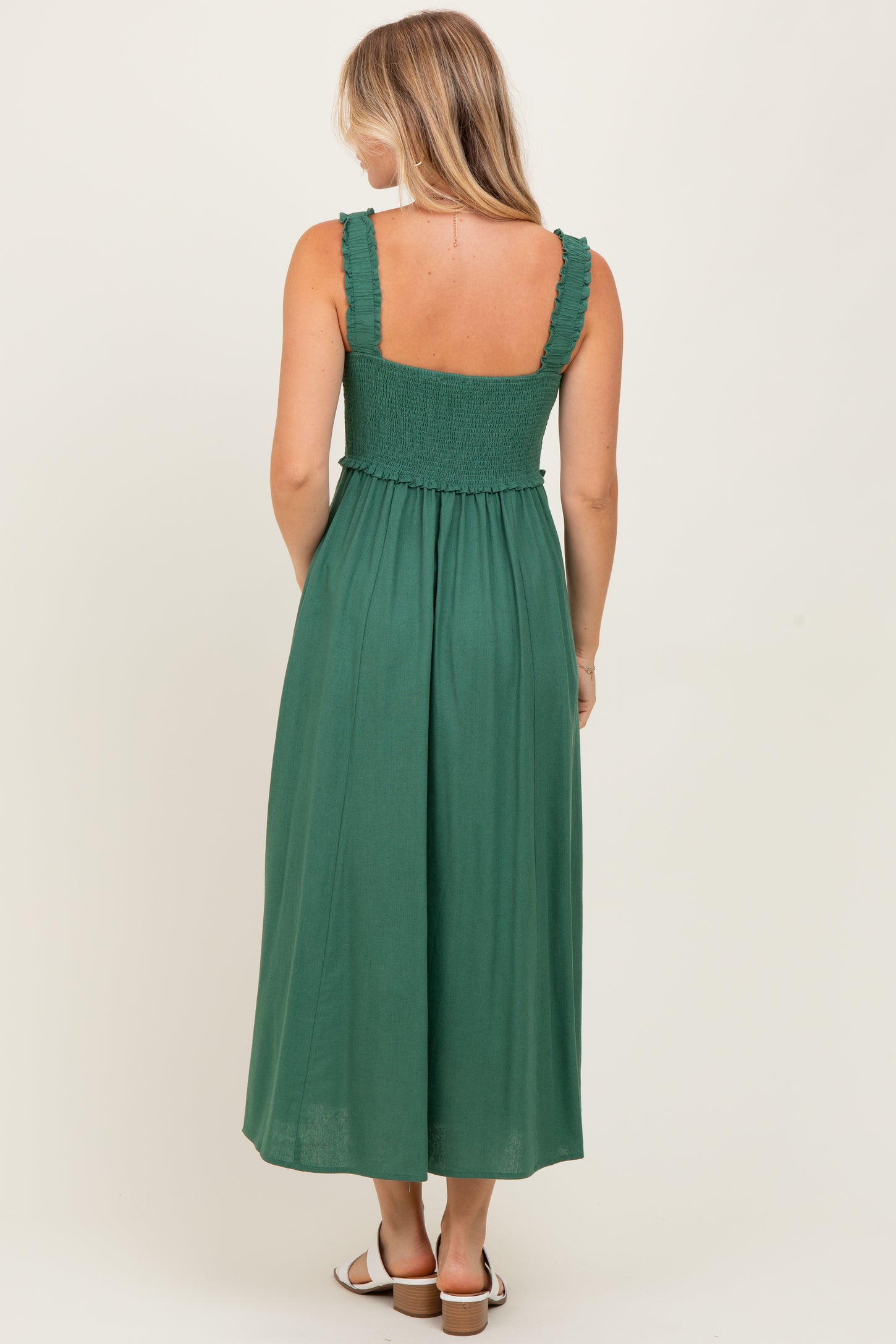 Green Smocked Sleeveless Button Down Midi Dress