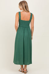 Green Smocked Sleeveless Button Down Midi Dress