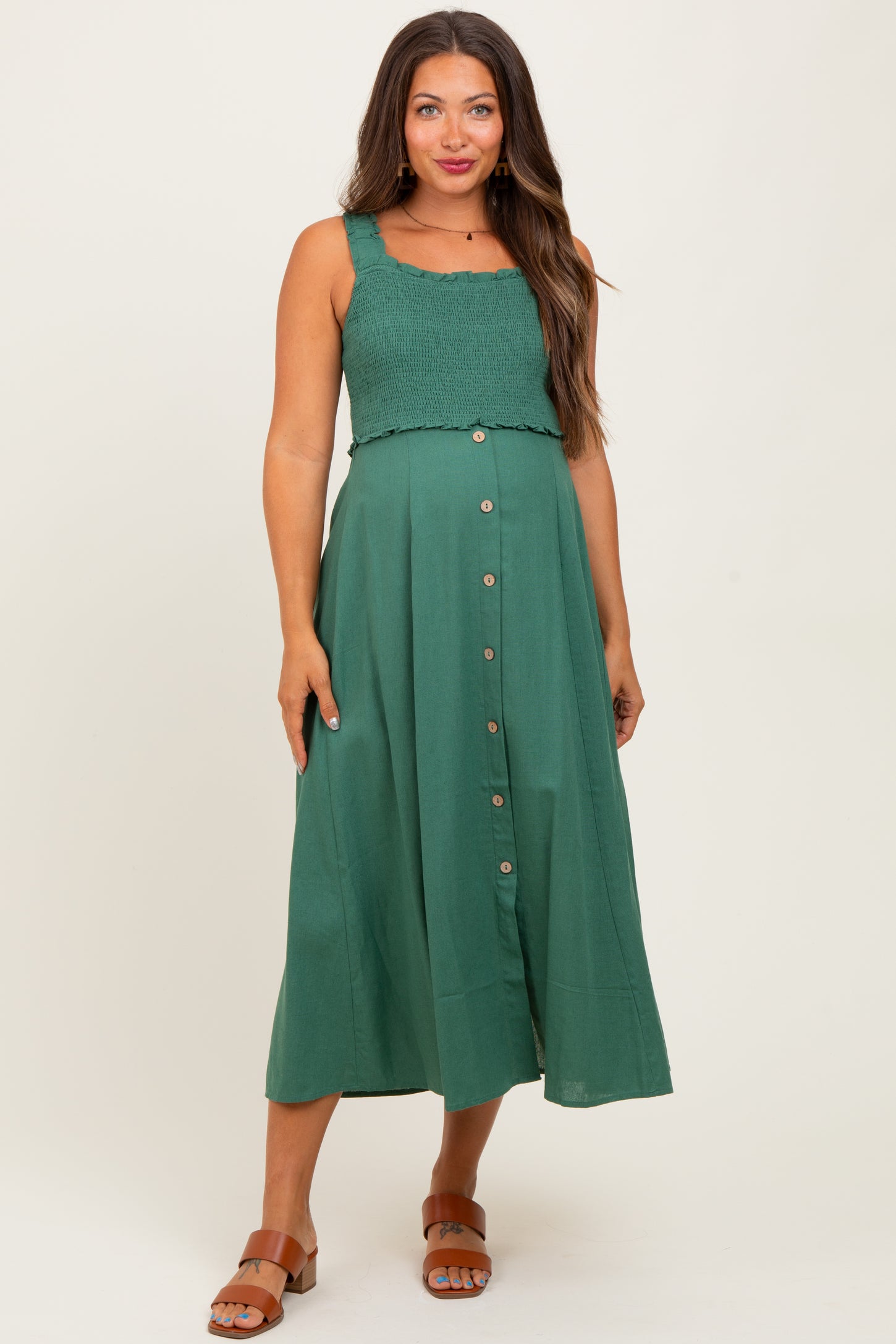 Green Smocked Sleeveless Button Down Maternity Midi Dress