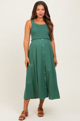 Green Smocked Sleeveless Button Down Maternity Midi Dress