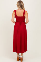 Burgundy Smocked Sleeveless Button Down Midi Dress