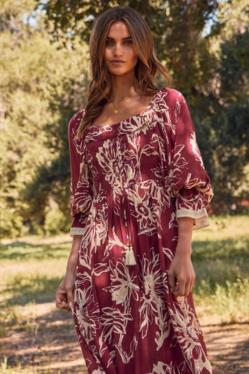 Burgundy Floral Smocked 3/4 Sleeve Midi Dress