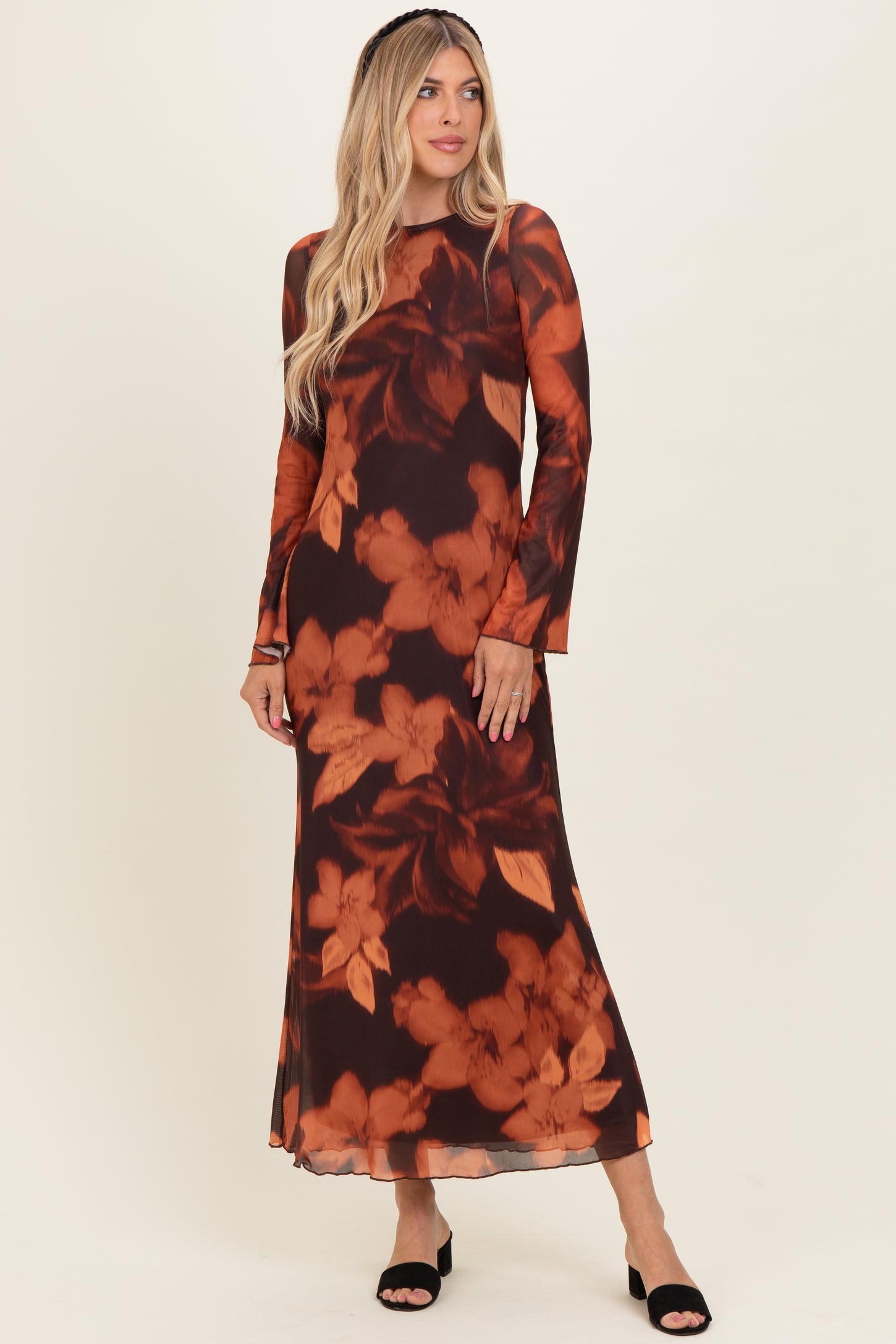 Burgundy Flora Mesh Overlay Maxi Dress