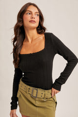 Black Pointelle Knit Lace Trim Square Neck Top
