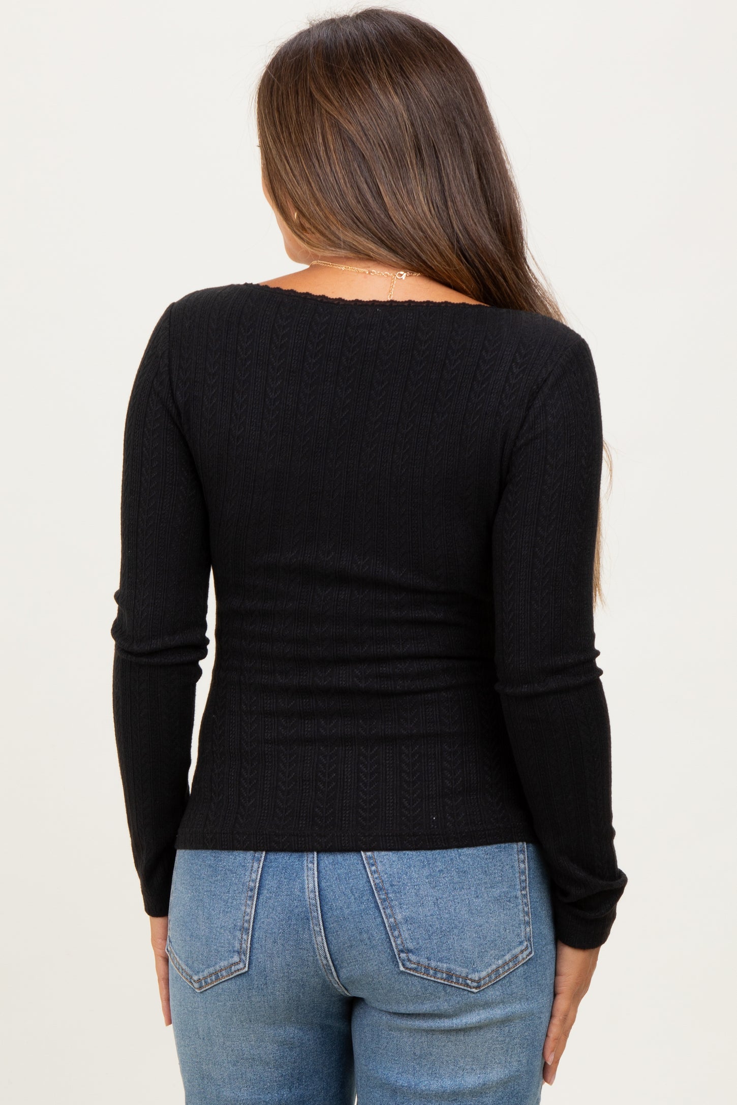 Black Pointelle Knit Lace Trim Square Neck Maternity Top