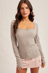 Grey Pointelle Knit Lace Trim Square Neck Top
