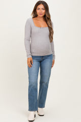 Grey Pointelle Knit Lace Trim Square Neck Maternity Top