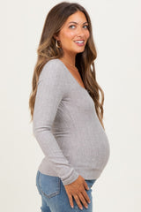 Grey Pointelle Knit Lace Trim Square Neck Maternity Top