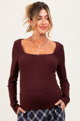 Burgundy Pointelle Knit Lace Trim Square Neck Maternity Top