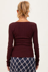Burgundy Pointelle Knit Lace Trim Square Neck Maternity Top