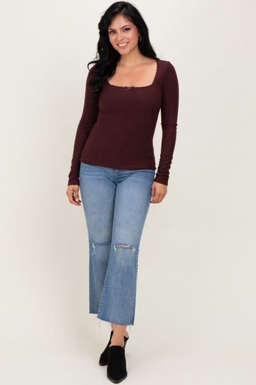Burgundy Pointelle Knit Lace Trim Square Neck Top