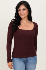 Burgundy Pointelle Knit Lace Trim Square Neck Maternity Top