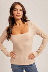 Beige Pointelle Knit Lace Trim Square Neck Maternity Top