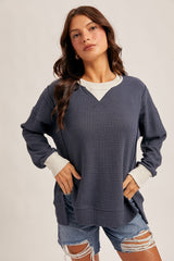 Navy Oversized Contrast Trim Thermal Pullover