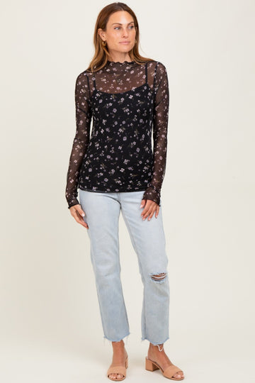 Black Floral Mock Neck Sheer Mesh Long Sleeve Top