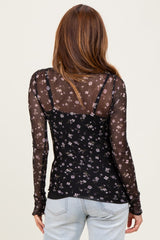 Black Floral Mock Neck Sheer Mesh Long Sleeve Top