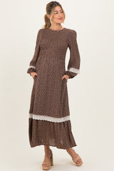 Brown Floral Smocked Crochet Lace Accent Maternity Maxi Dress
