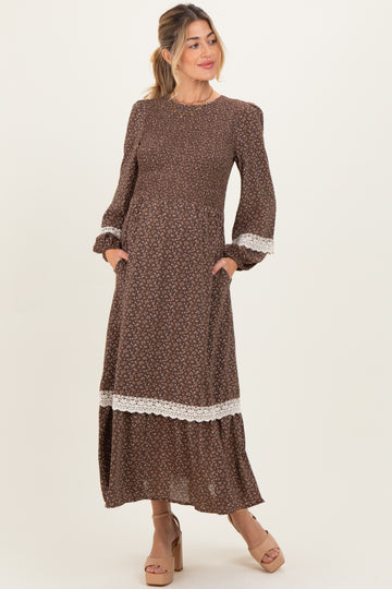 Brown Floral Smocked Crochet Lace Accent Maternity Maxi Dress