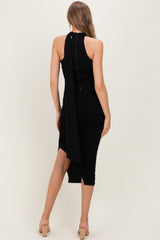 Black Mesh Draped Scarf Ruched Maternity Midi Dress