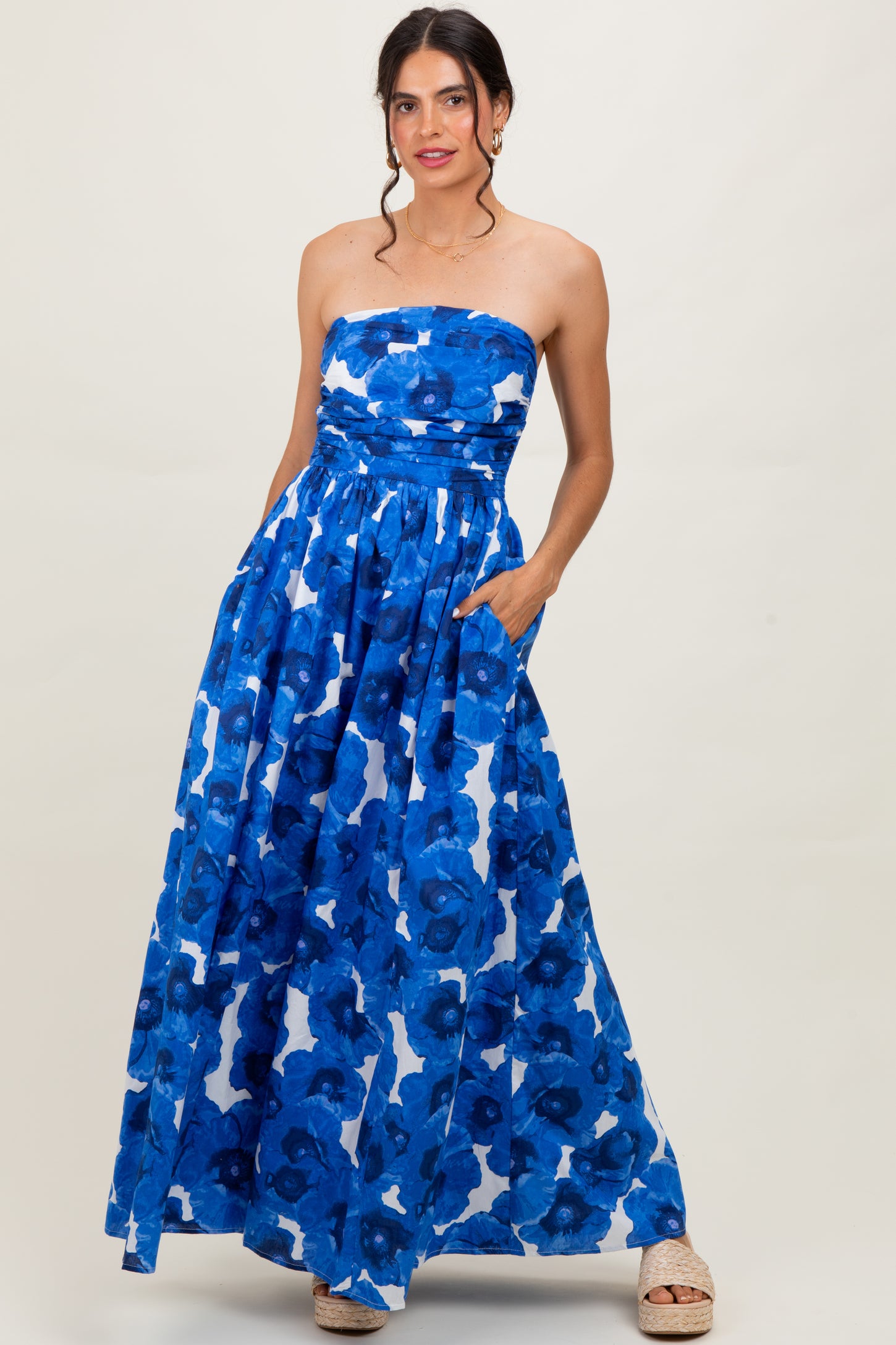 Royal Blue Floral Strapless Maternity Maxi Dress