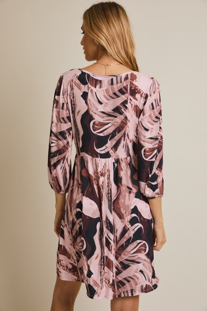 Light Pink Printed V-Neck Front Tie 3/4 Sleeve Mini Dress