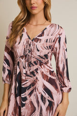 Light Pink Printed V-Neck Front Tie 3/4 Sleeve Mini Dress