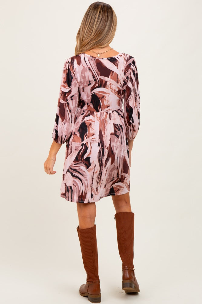 Light Pink Printed V-Neck Front Tie 3/4 Sleeve Maternity Mini Dress
