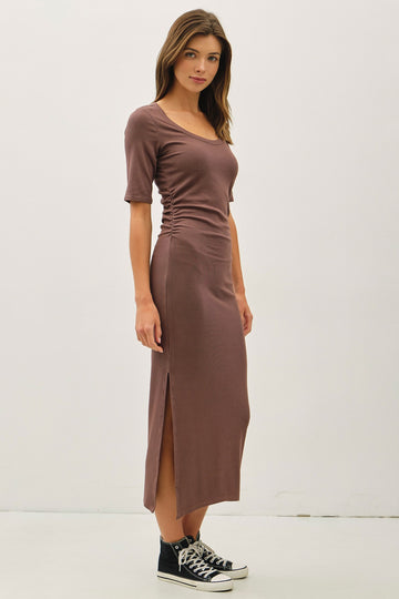 Brown Ruched Short Sleeve Side Slit Midi Dress