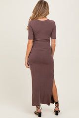 Brown Ruched Short Sleeve Side Slit Maternity Midi Dress