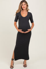 Charcoal Ruched Short Sleeve Side Slit Maternity Midi Dress