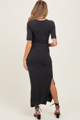 Charcoal Ruched Short Sleeve Side Slit Maternity Midi Dress