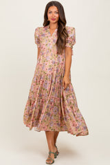Camel Floral Tiered Puff Sleeve Maternity Midi Dress