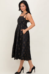 Black Floral Jacquard Shoulder Tie Midi Dress