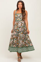 Brown Floral Contrast Print Sleeveless Maternity Midi Dress