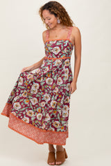 Burgundy Floral Contrast Print Sleeveless Midi Dress