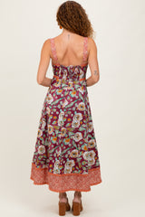 Burgundy Floral Contrast Print Sleeveless Midi Dress