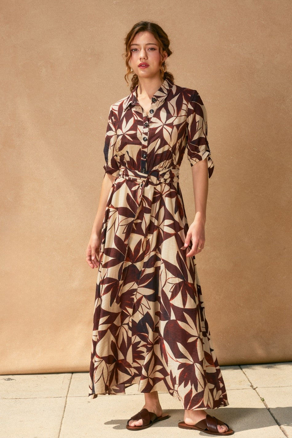Brown Leaf Print Maternity Maxi Shirt Dress