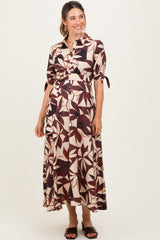 Brown Leaf Print Maternity Maxi Shirt Dress