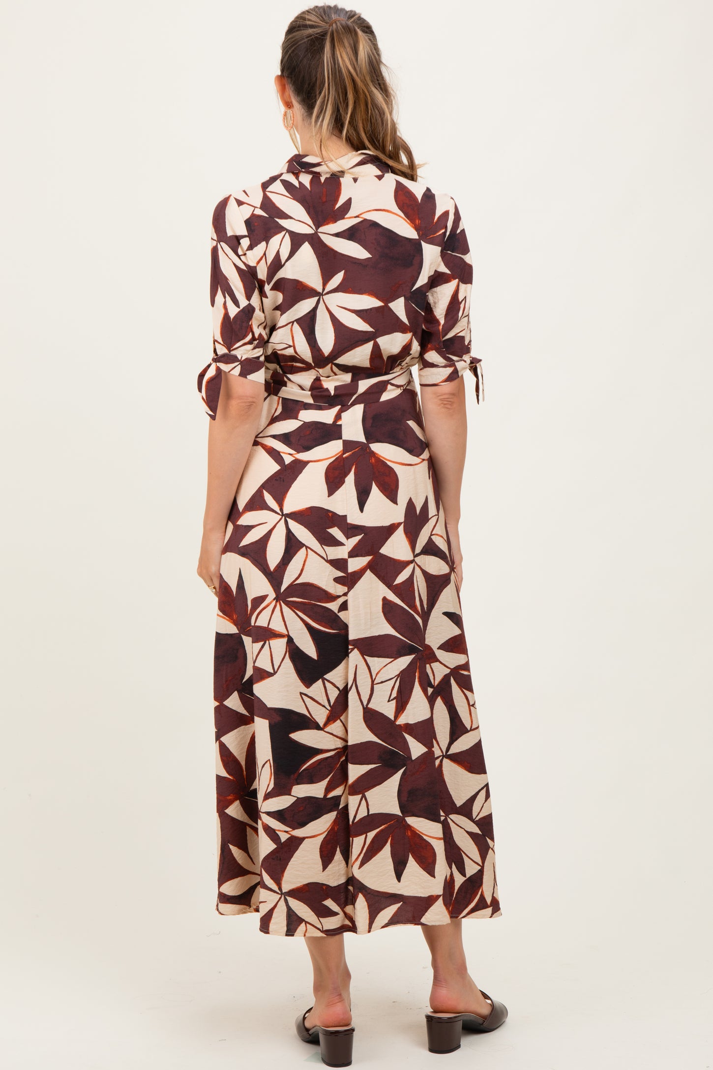 Brown Leaf Print Maternity Maxi Shirt Dress